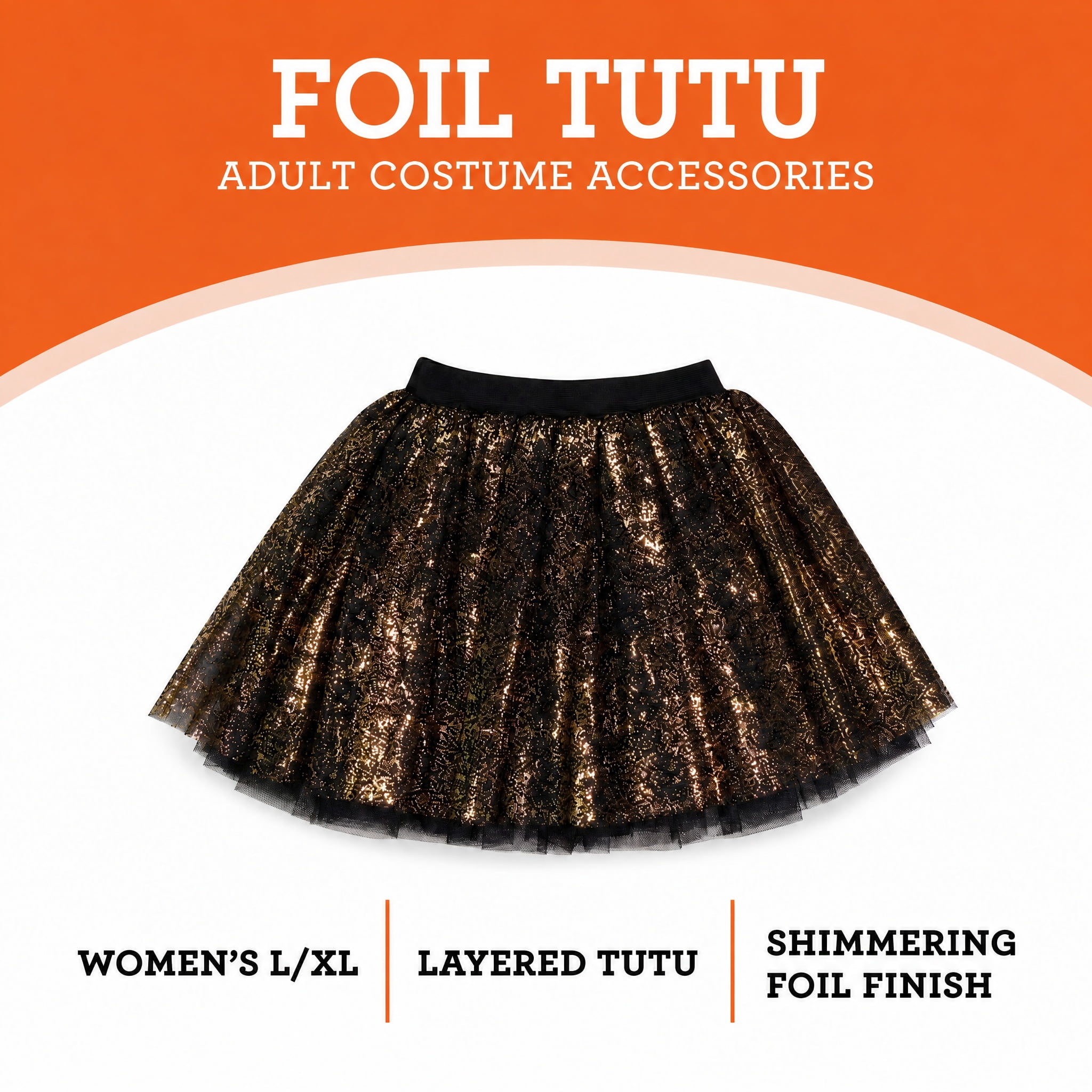 Foil Tutu Costume Accessory for Adults, Black and Gold, L/XL, Halloween by Way To Celebrate