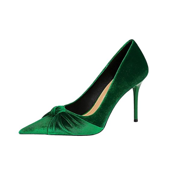 Green Women'S Heels Stiletto Pointed Toe Velvet Bow Knot Dress Shoes Non-Slip Comfortable Fashion Footwear For Party Banquet Wedding Daily Wear Size 36