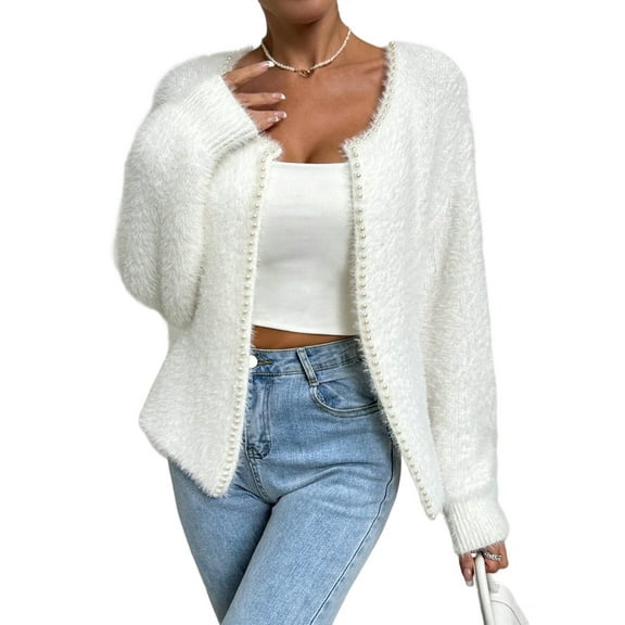 Women'S Elegant Cardigan Sweater Solid Color V-Neck Fashion Beaded Knitted Top Coat Sweater White XL