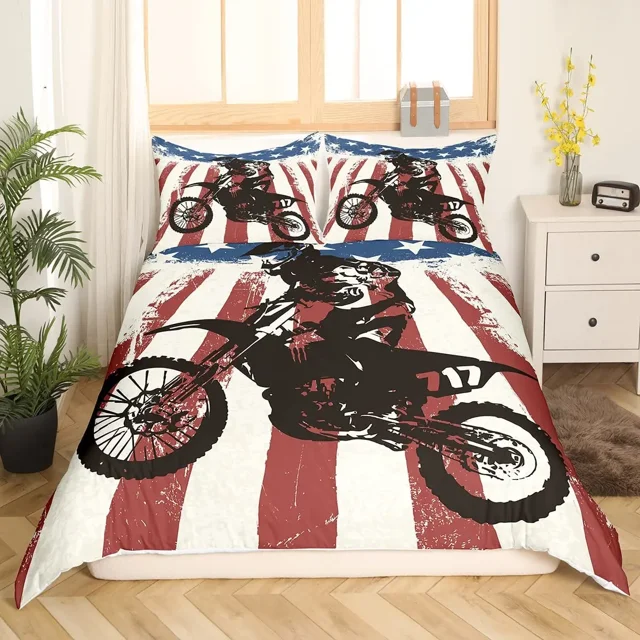 Luxury Bedding Set Motorcycle Print Duvet Cover Set with Pillowcase Motocross Bedspread boy‘s Bed Set