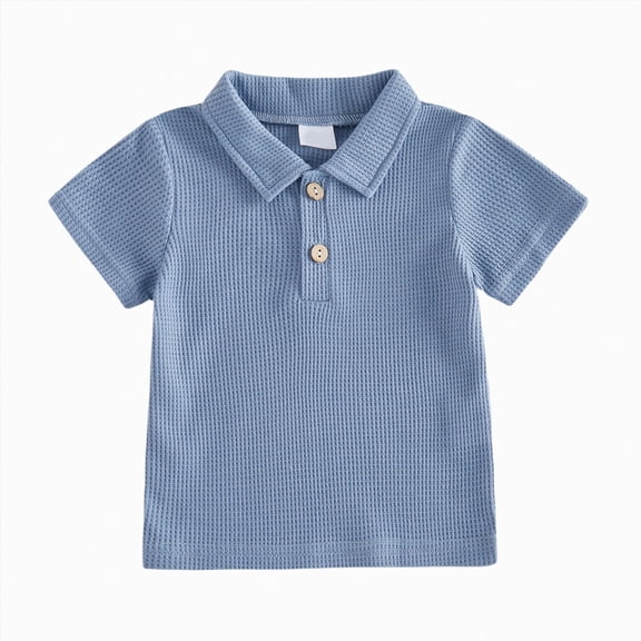 CAUYDY Toddler Baby Boys Summer Outfit Waffle Button Down Collared Short Sleeve Polo T-Shirt Solid Waffle Tops Clothes(L101-Blue,6-12 M)