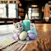 1pc 2d flat Rotating acrylic centerpiece featuring a candle surrounded by vibrant decorated eggs and a charming kitten perfect for anniversary celebrations or springtime gatherings