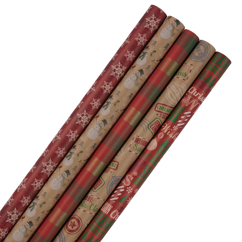 JAM Assorted Gift Wrap, Christmas Kraft Wrapping Paper, 125 Sq Ft Total