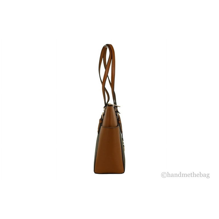 Michael Kors Brown/Tan Signature Coated Canvas and Leather Charlotte Top  Zip Tote Michael Kors