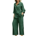 thumbnail image 2 of Roncen Women's Solid Color Shirt & Wide Leg Pants Set - Spring Summer Casual Turn-Down Collar Short Sleeve Tops with Pockets & Comfortable High Waist Trousers, 2 of 6