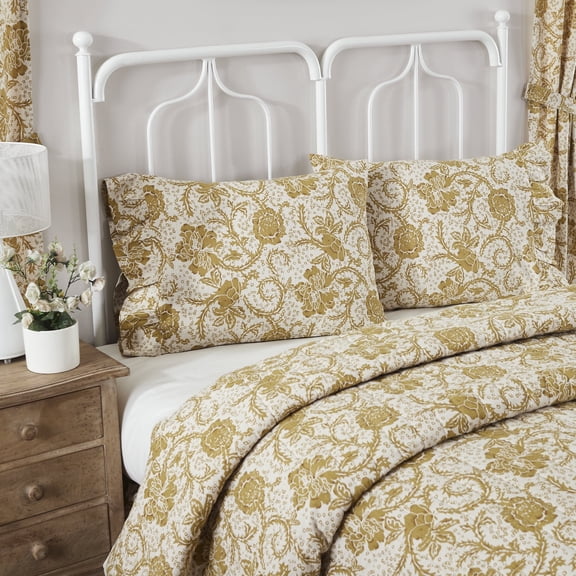 VHC Brands Dorset, Farmhouse Ruffled Pillow Cases, Standard Size, Floral, Gold, 21x26, Set of 2
