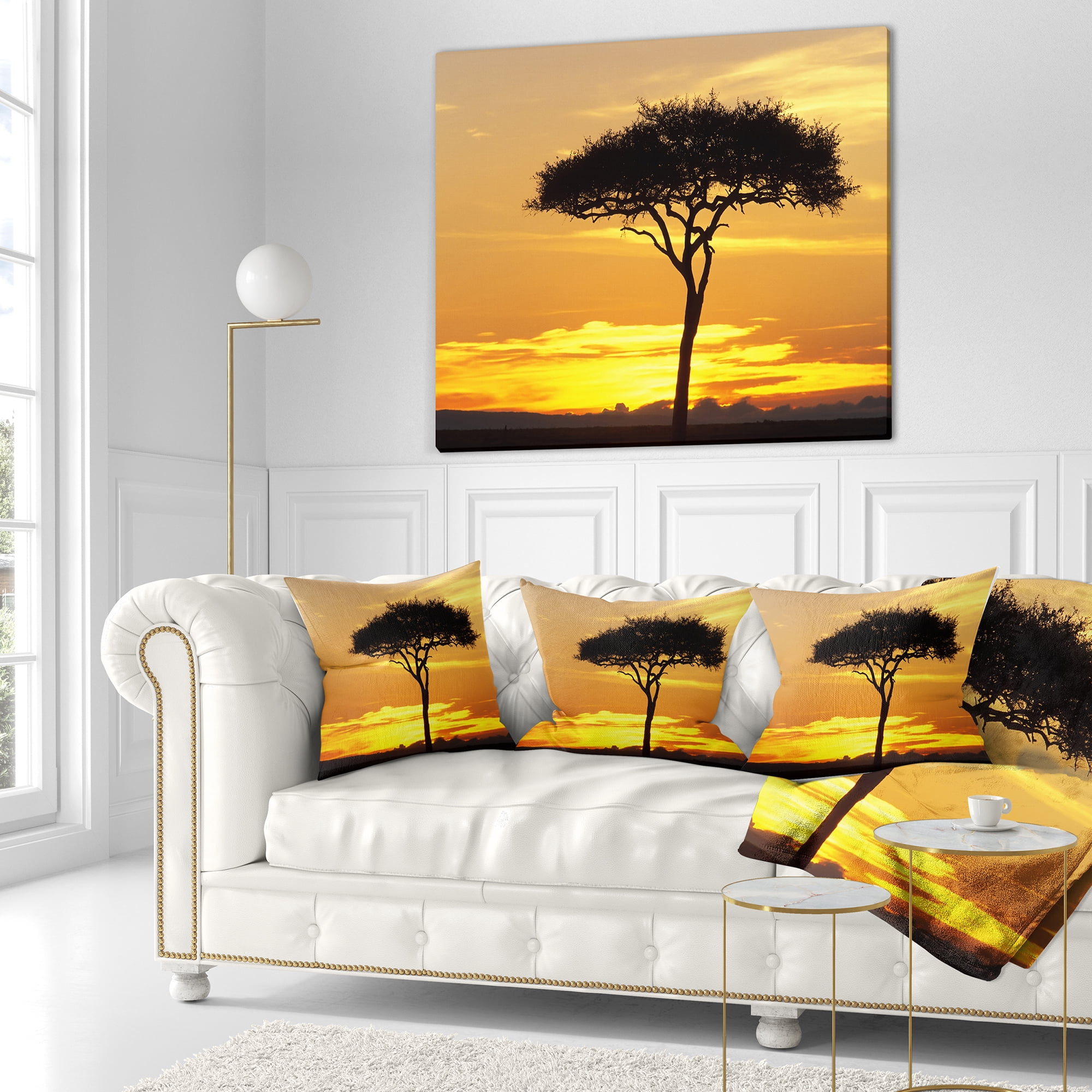 Designart Beautiful Sunset Through Acacia Tree - African Landscape Printed Throw Pillow - 16x16