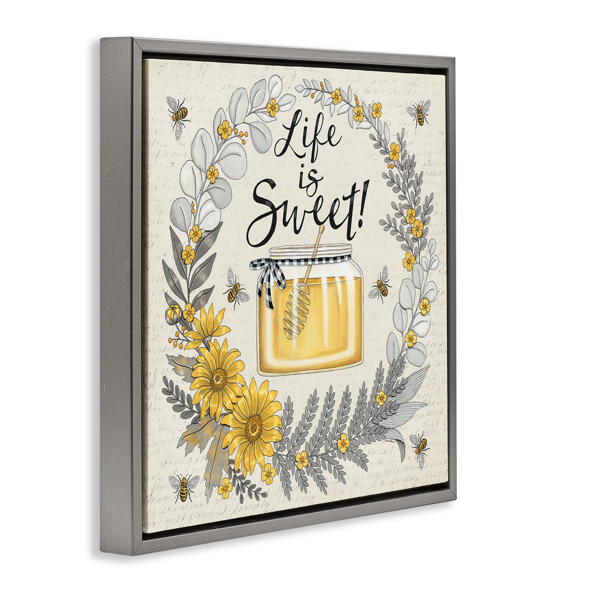 Stupell Industries Life Is Sweet Wreath Plants & Flowers Painting Gray Floater Framed Canvas Art Print Wall Art, 18 x 18