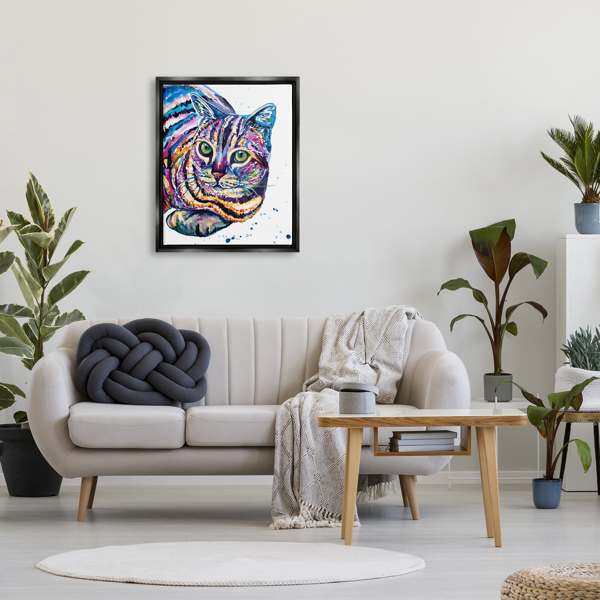 Stupell Fun Striped Rainbow Cat Portrait Animals & Insects Painting Black Floater Framed Art Print Wall Art