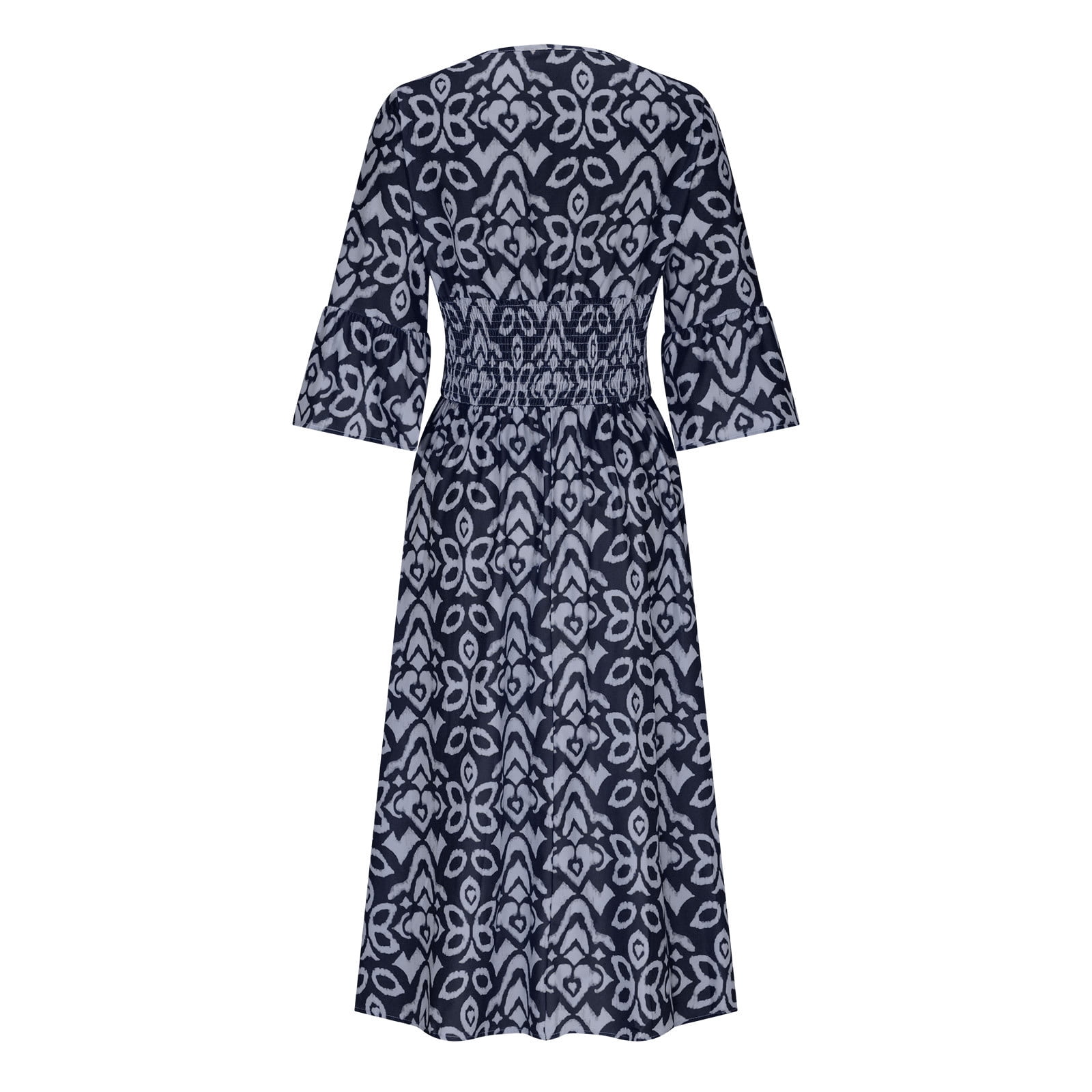 Women's Flora Boho Dress - V Neck 3/4 Sleeve Midi Dress With Pleated Loose Waist For Summer