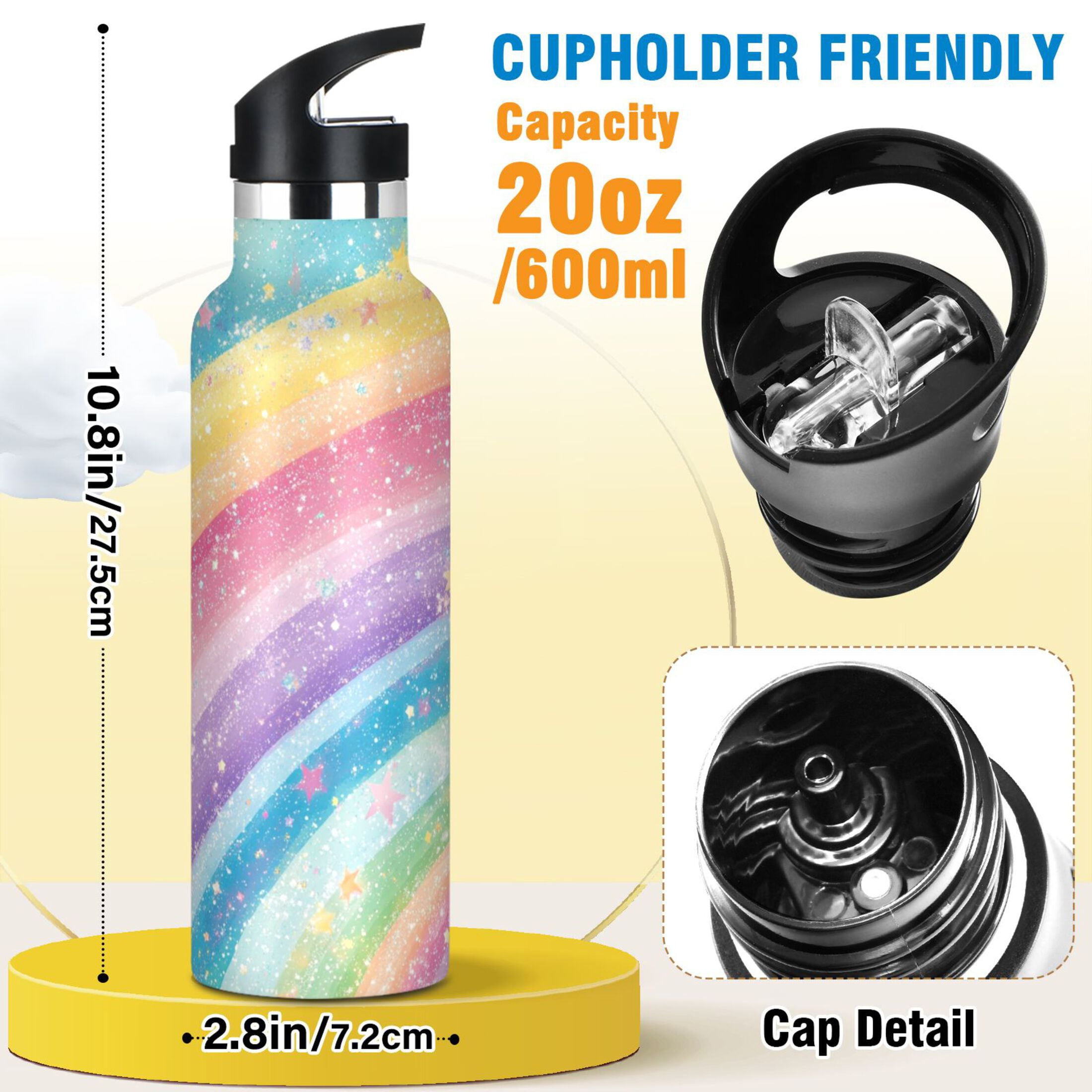 Kids Insulated Stainless Steel Sports Water Bottle 600ml (20oz), BPA-Free Glittery Rainbow