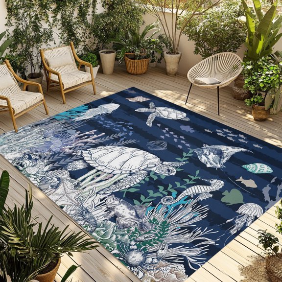 Ocean Watercolor Sketches Outdoor Area Rug 6x9ft Decorative Indoor Outdoor Rug Coastal Beach Turtles Corals Blue Patio Area Rug for Porch, Deck, Balcony, Entryway, Camping & RV