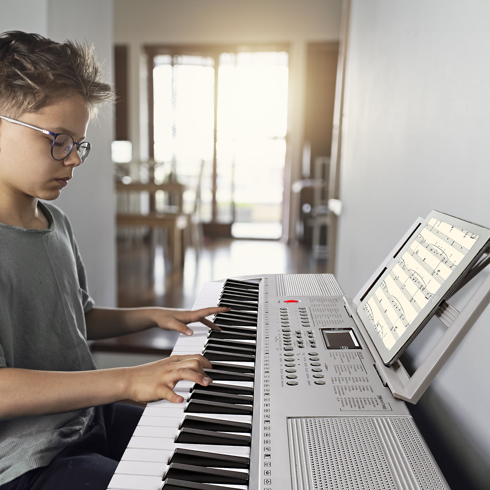 Glarry 61 Keys Keyboard Piano with Stand, Bench, Built In Speakers for Beginners, Sliver