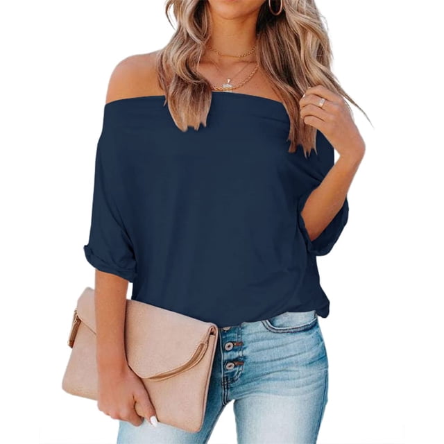 Camisa REVETRO con hombros descubiertos, cuello ancho, azul marino, talla L