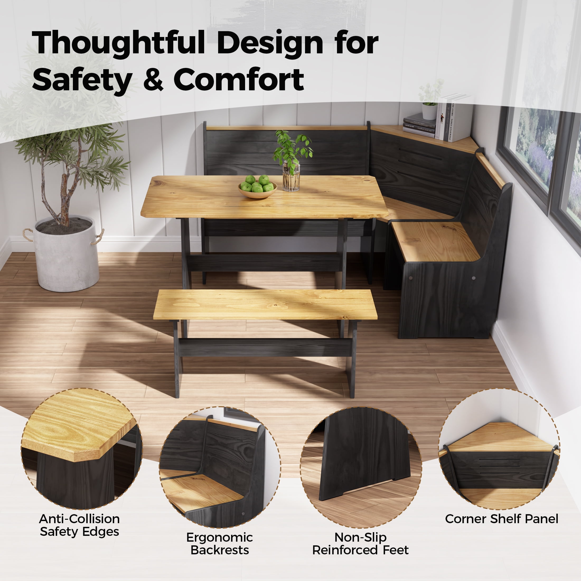 Nook Table Dining Room Sets for 3-5 with Bench,Breakfast Nook Kitchen Corner Dining Table Set, Farmhouse Corner Banquette Seating, Black/Oak