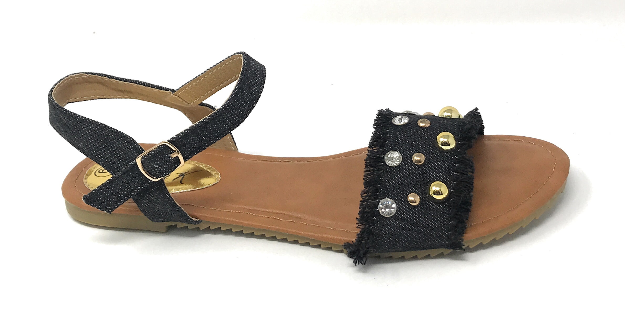 Victoria K Women's Fringed Denim With Studs And Rhinestone Sandals