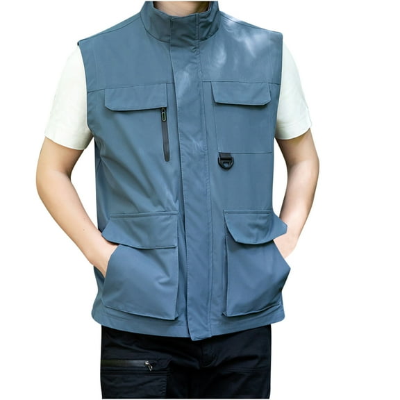 VSSSJ Men's Tooling Vest with Multi-Pocket Oversized Fit Solid Color Sleeveless Zip Up Waistcoat Outdoor Baggy Quick Dry Climbing Sport Jackets Light Blue XL