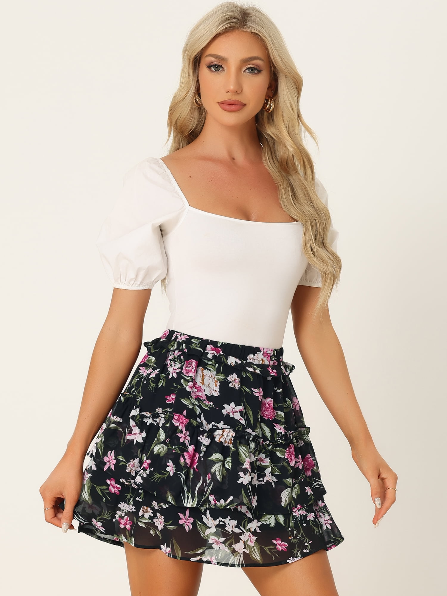 DARING DIVA Women's Elastic Waist A-Line Layered Ruffle Floral Mini Skirt XS Black Pink