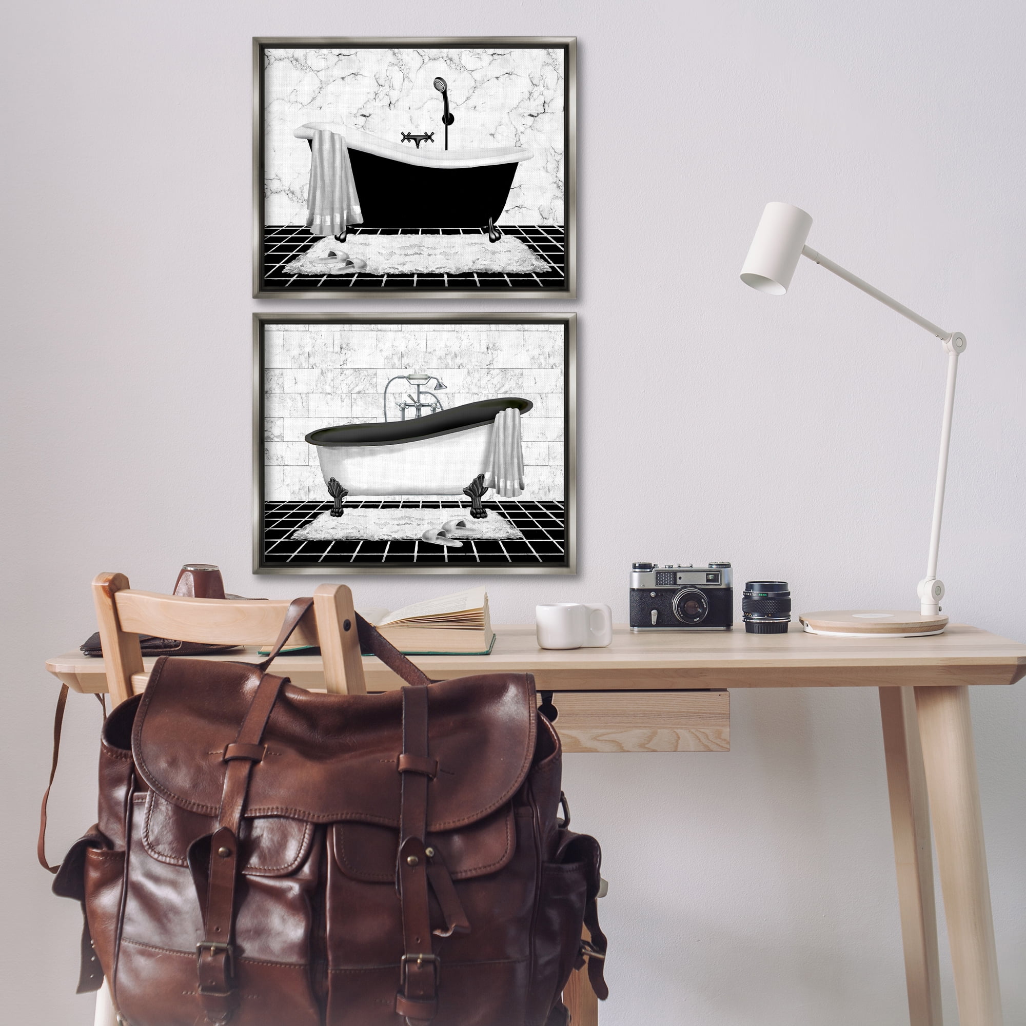 Stupell Industries Marble Clawfoot Soaking Tub Bath & Laundry Painting Gray Floater Framed Canvas Art Print Wall Art, 21 x 17, Set of 2