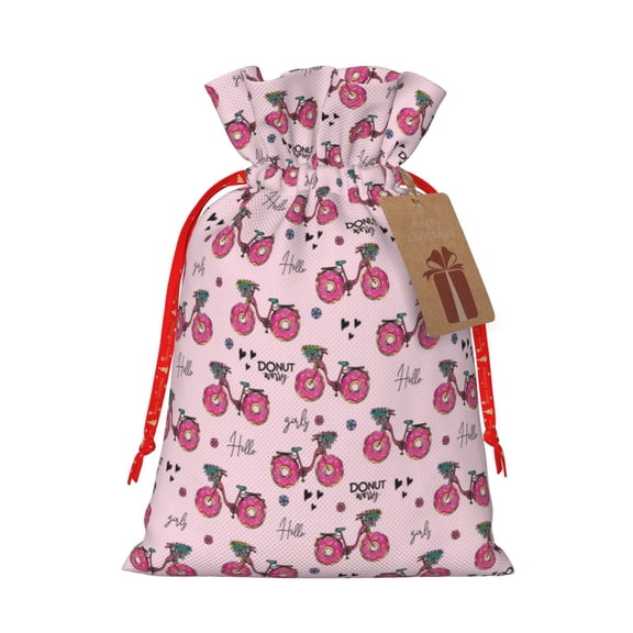 Naloa Bike with Donut Wheels Drawstring Christmas Bags, 3D Xmas Gift Bags, Christmas Wrapping Bags, Xmas Goodie Bags, Treat Pouch Bags, Party Favor Bags-Medium