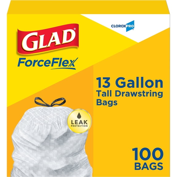 Glad Reinforced Strength Tall Kitchen Drawstring Trash Bags, 13 Gallon, 100 Bags