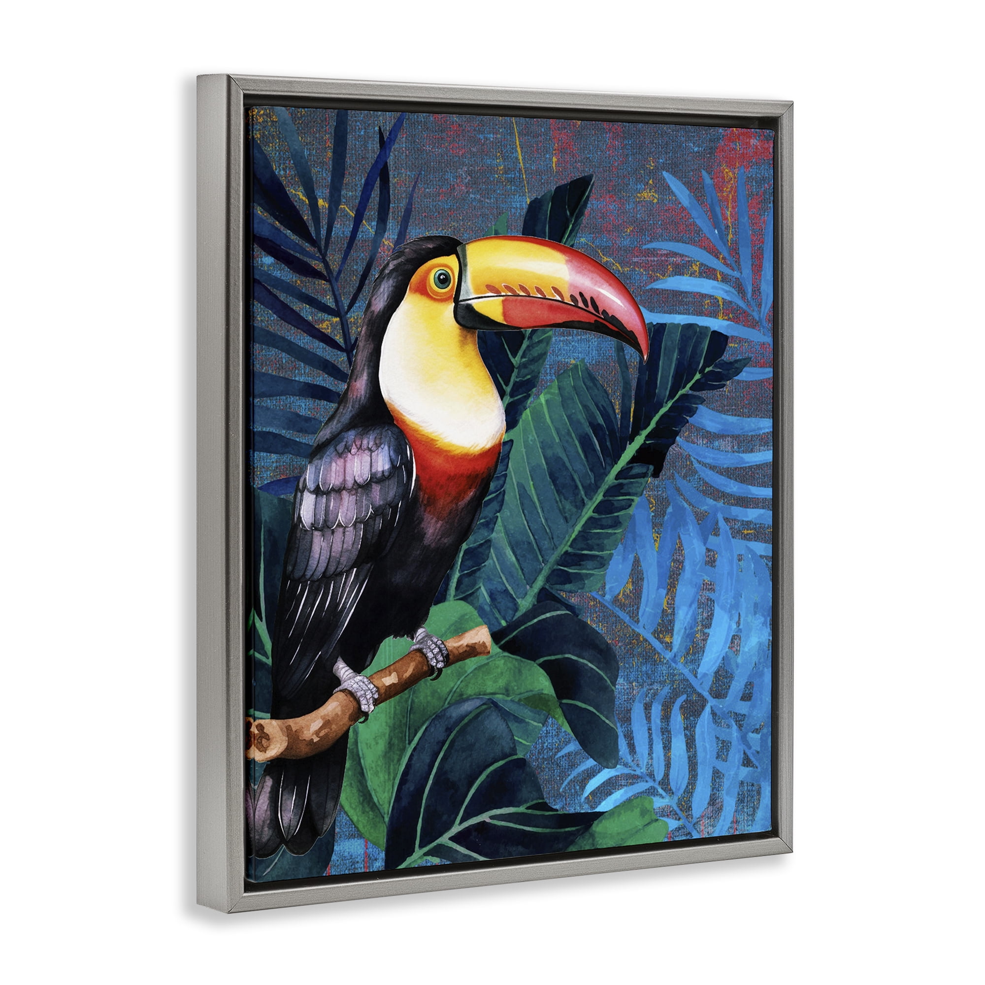 Stupell Industries Bright Toucan Among Leaves Animals Painting Gray Floater Framed Canvas Art Print Wall Art, 17 x 21