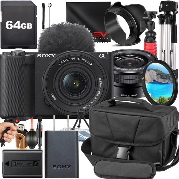 Sony ZV-E10 II Mirrorless Camera (Black) with 16-50mm Lens   SanDisk 64GB Memory Card   Pistol Grip Tripod   SV Premium Accessory Bundle