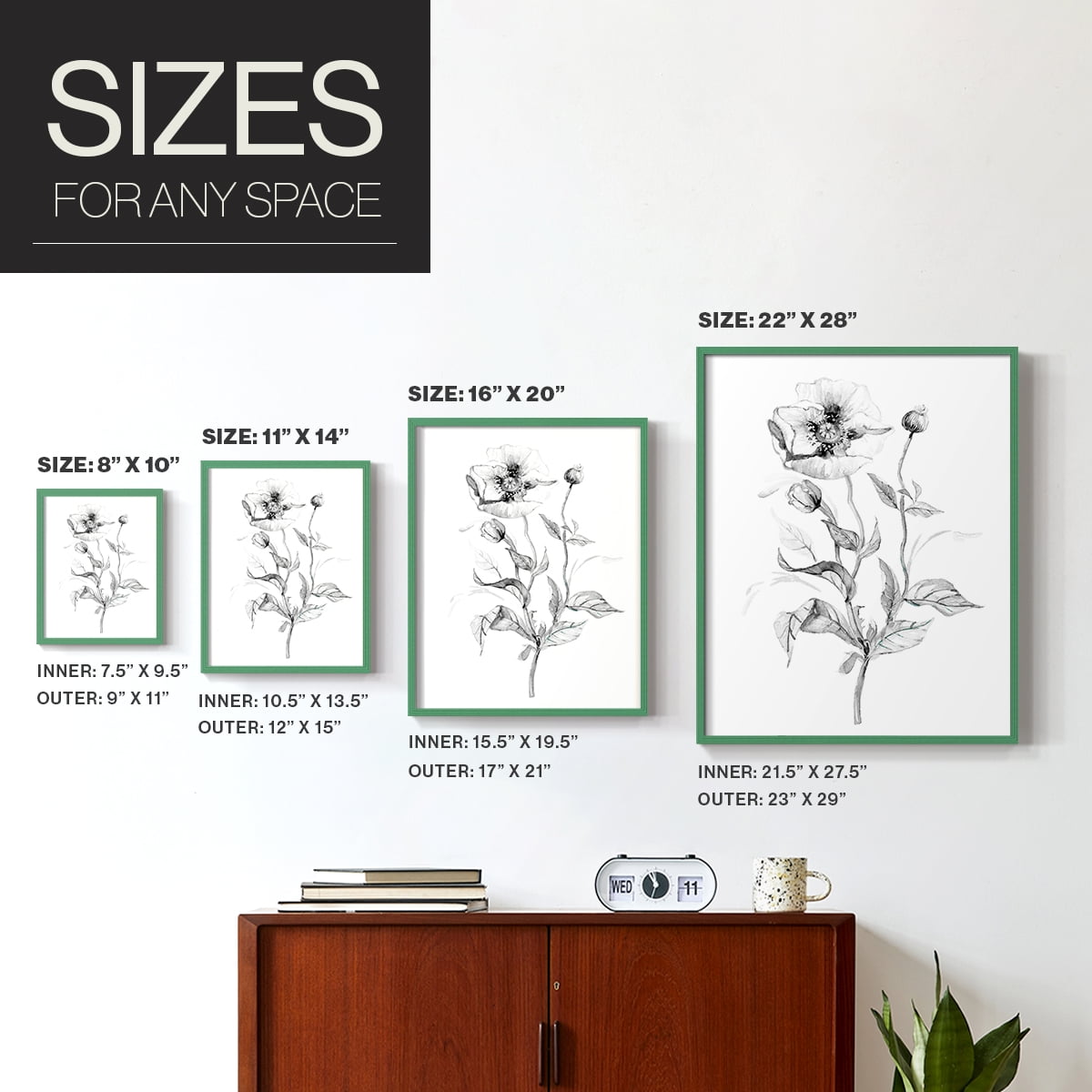 Wild Poppy Sketch Framed Print in Green Solid Wood 8 x 10 Framed Print
