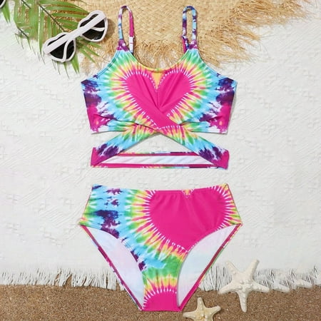 FASHOFT Girls Swimsuit Heart Print Two Piece Bikini Set Bathing Suit Summer Beach Cut Girl Swimwear Hot Pink 130=8-9Y