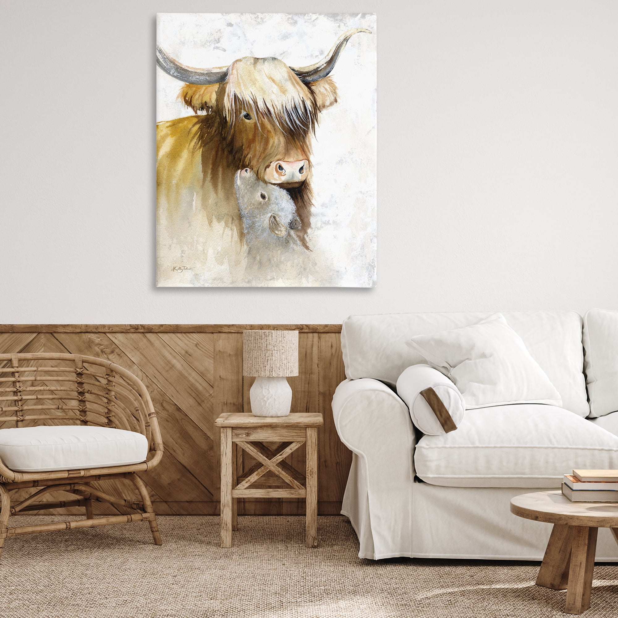 Stupell Industries Neutral Longhorn & Calf Animals & Insects Painting Gallery Wrapped Canvas Art Print Wall Art, 36 x 48