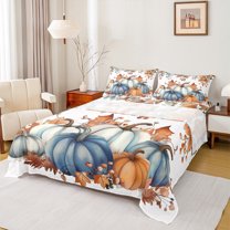 Manfei Blue Fall Pumpkin Full Size Sheets for Teen, Happy Harvest Bed Sheets, Autumn Maple Leaf Sheet Sets, Microfiber Bedroom Decor, 4 Pieces