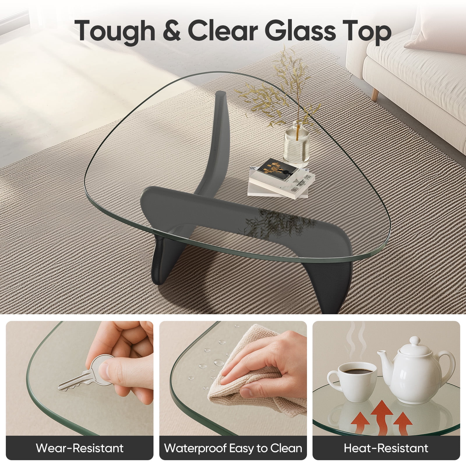 Cottinch 50" Triangle Glass Coffee Table with Wood Base for Living Room Office, Black
