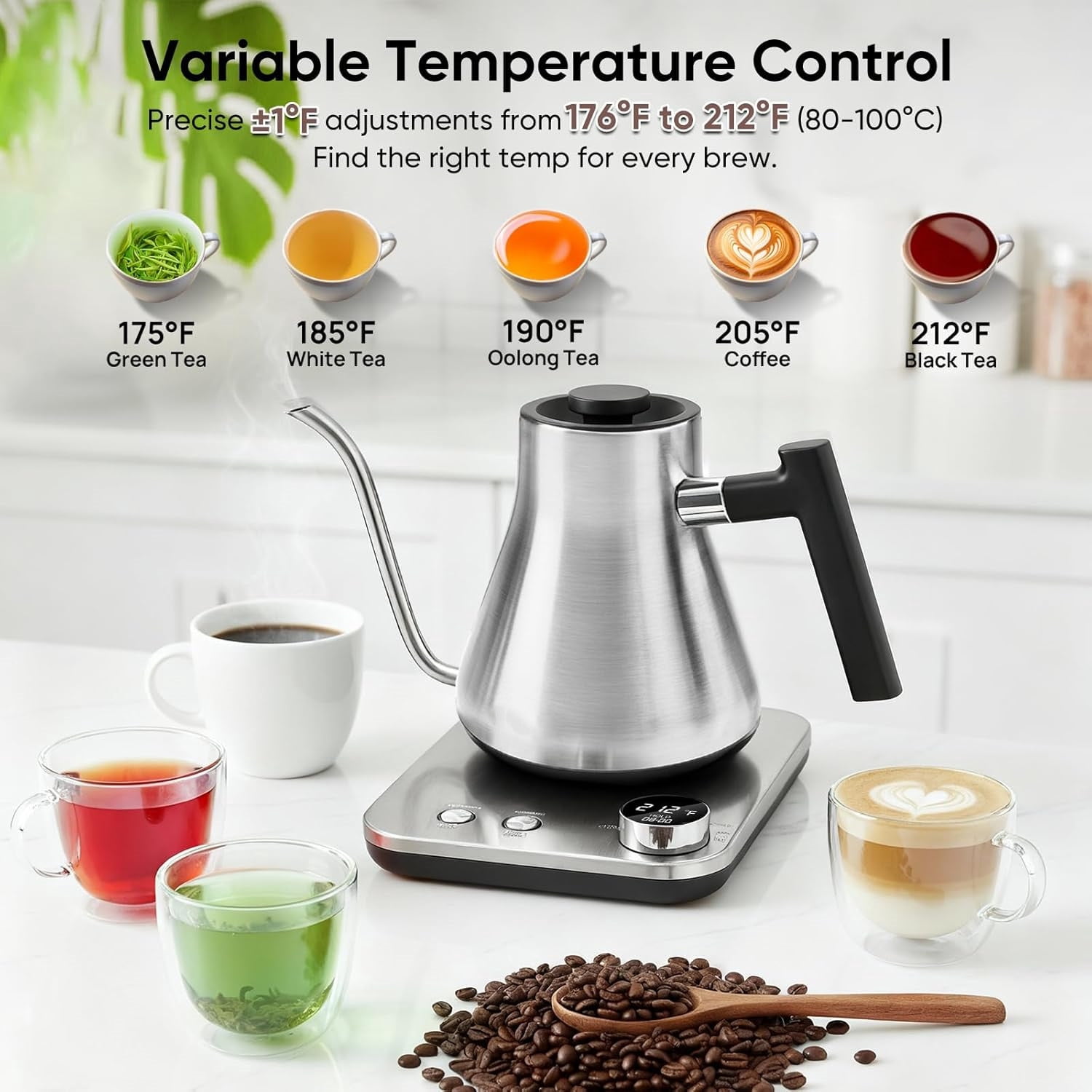 Gooseneck Electric Kettle with ±1°F Temperature Control, 1200W Quick Heating for Pour Over Coffee & Tea, 0.9L Water Boiler with 24H Keep Warm & Auto Shut Off, Stainless Steel Interior, Silver
