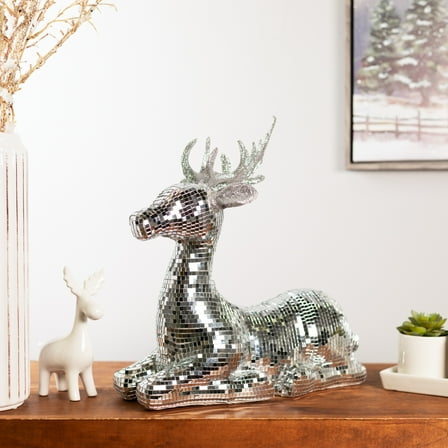 Northlight Mirrored and Glittered Sitting Deer Christmas Figure - 14.25" - Silver