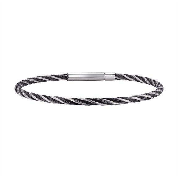 PAURO Twisted Bracelet for Men Cable Bangle Cuff 3mm Stainless Steel Cool Two-Tone Minimalist Simple Personalized Statement Everyday Gift Jewelry Black