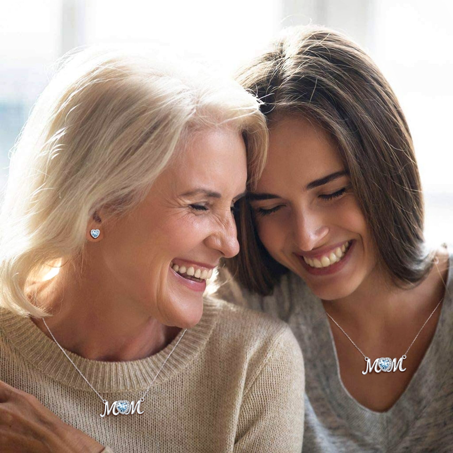 Bestyle Pure S925 Sterling Silver Necklace for Mom Grandma Shiny CZ Heart Pendant Necklace March Created Aquamarine Birthstone Jewelry Mother's Day Gifts