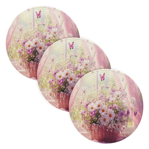 BZSMCE Mats for Pots,Pans Place Basket Of Daisies and Butterflies Simple Style Pattern Pot Mats