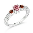 thumbnail image 2 of Gem Stone King 925 Sterling Silver 3-Stone Ring Round Pink Moissanite and Garnet Red 0.93cttw (Size 9), 2 of 4