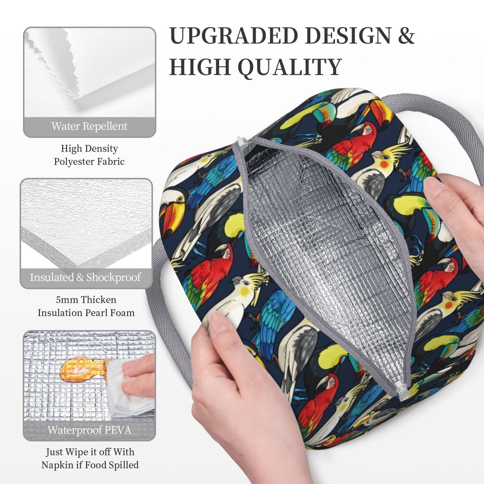 Horeoi Parrot Pattern Large Insulated Lunch Bag for Work, School, Picnic - Waterproof, Durable Oxford Cloth, Comfortable Handle-Light Grey