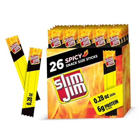 Slim Jim Smoked Meat Sticks, Spicy Flavor, 6g Protein Per Serving, Snack Size, Father's Day Snack Gift for Dad, 0.28 oz. (26 Count)