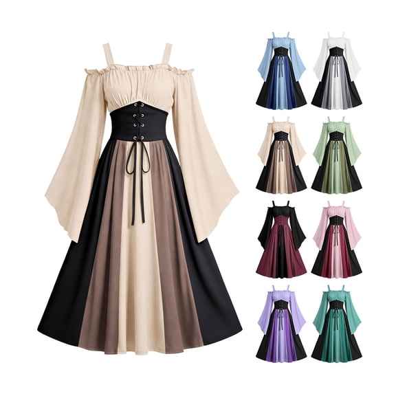 Halloween Dresses for Women Vintage Corset Medieval Dress Flare Sleeve Shoulder Strap Plus Size Halloween Costumes