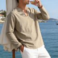 thumbnail image 5 of Men's Cotton Linen V Neck Shirt Casual Long Sleeve Solid Color Summer Beach Tops, 3XL, 5 of 7