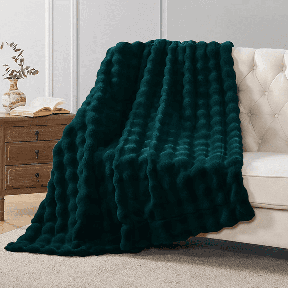 Bubble Faux Fur Throw Blanket Reversible to Cozy , 750gsm Luxury Soft Plush Thick Warm Fuzzy Blanket for Couch, Bed, Sofa Fluffy Decorative Blankets, 60"x70", Dark Teal
