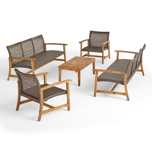 Noble House Hampton 5-Piece Outdoor Wood and Wicker Sofa Set in Mocha/Natural
