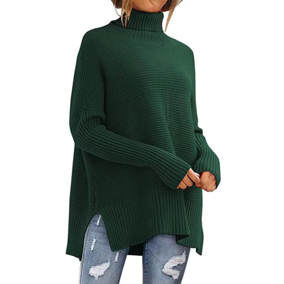 Simua Women's Turtleneck Long Sleeve Solid Color Oversized Side Slit Soft Knit Pullover Sweater Tops