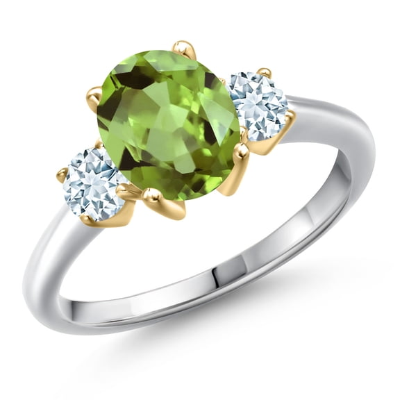 Gem Stone King 10K Two Tone Gold Green Peridot and Sky Blue Aquamarine Engagement Ring for Women | 2.60 Cttw | Oval 9X7MM | Gemstone August Birthstone | Size 6
