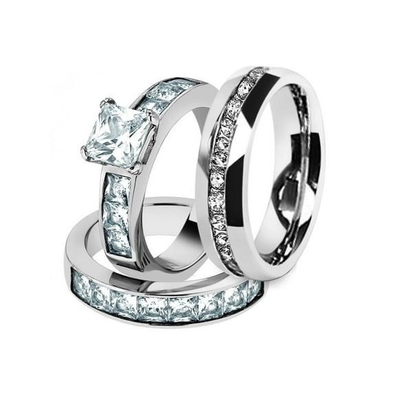 His & Hers Stainless Steel 3.75 Ct Cz Bridal Set & Men's Eternity Wedding Band Women's Women's Size 10 Men's 06mm Size 05