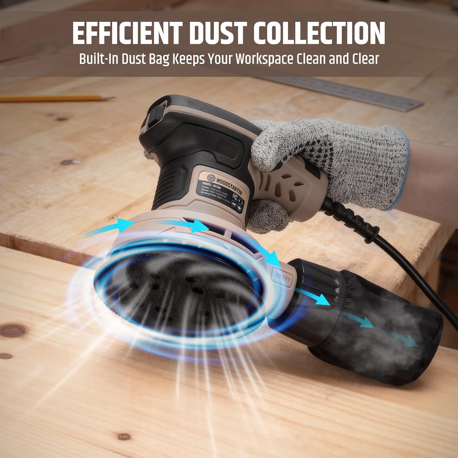 WOODSTARTER 320W, 2.6Amp 5-Inch Corded Random Orbital Power Sander, 13000RPM 6-Speed