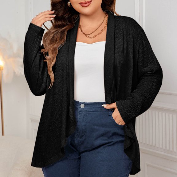 Frostluinai Plus Size Cardigans for Women Open Front Ruffle Cardigans Long Sleeve Draped Knit Coats Basic Solid Color Jacquard Cardigans