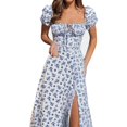 thumbnail image 5 of Femmes Boho Robe Cottagecore Printemps Été Robe Wrap Floral Casual Vintage Femme Cou Carré Robe Bleu XL, 5 of 5